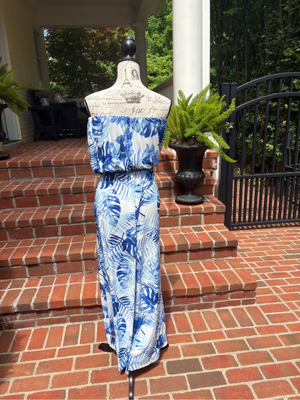 Strapless Blue Tropical Print Jumpsuit M - Picture 3 of 5